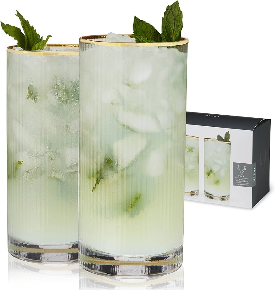 Viski Meridian Highball Glasses Set of 2 - Vintage Drinking Glass, Art Deco Ripple Glassware Desi... | Amazon (US)