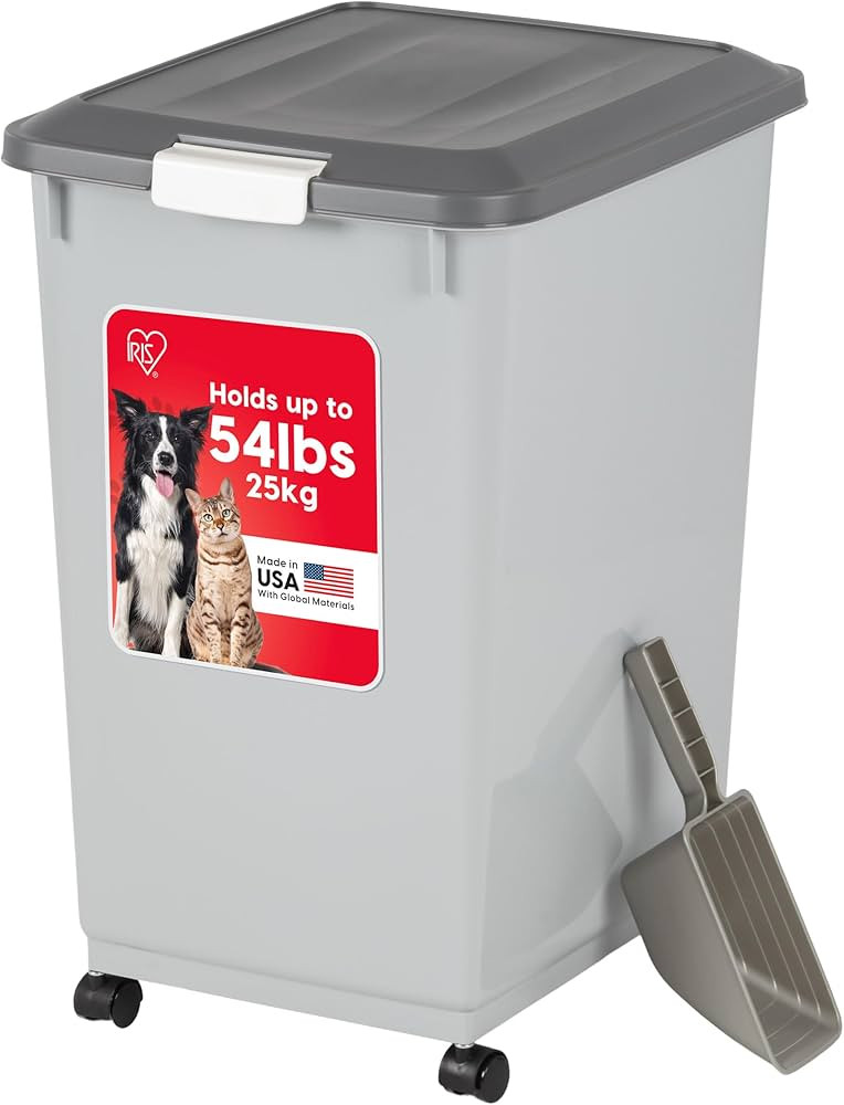 IRIS USA Dog Food Storage Container with Wheels, Airtight Lid, 2-Cup Scoop, Up to 54 Pounds Pet F... | Amazon (US)
