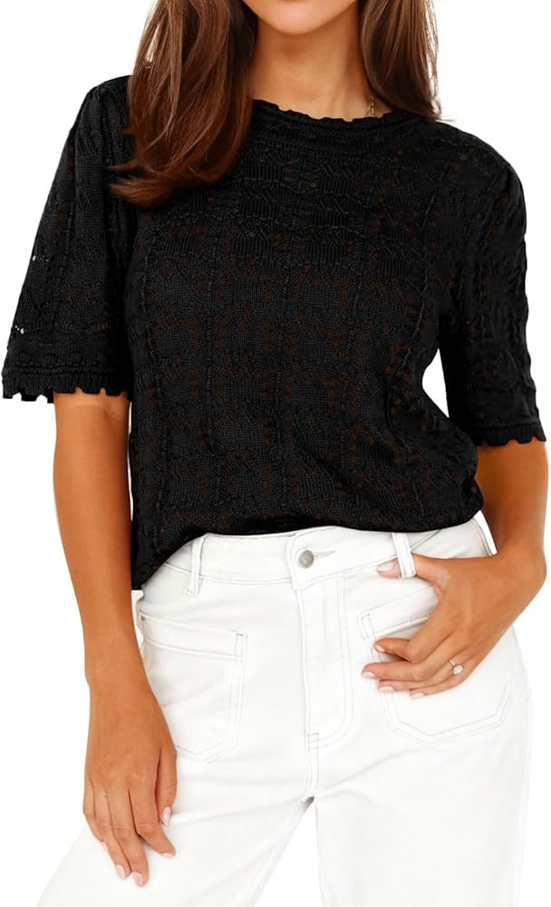 PRETTYGARDEN Women's Short Sleeve Sweater Trendy Crochet Summer Tops 2026 Casual Hollow Out Shirt... | Amazon (US)