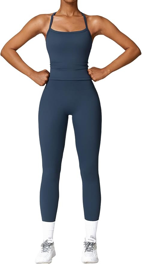 QBGJTD Womens Workout Sets Two Piece Cross Back Tank Top Matching High Waist Leggings Sets Gym Ou... | Amazon (US)