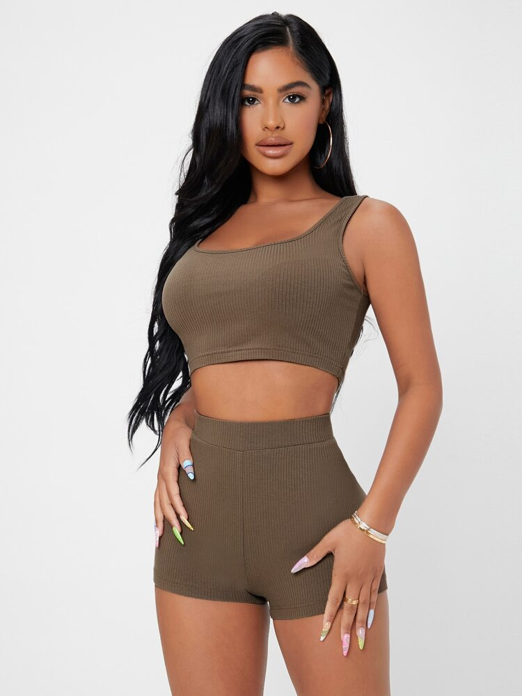 SHEIN PETITE Solid Rib-knit Tank Crop Top & Biker Shorts Set | SHEIN