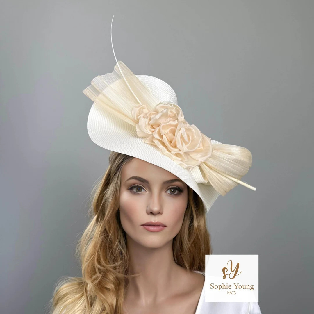 Kentucky Derby Hat, Beige Bow Woman Hat, Floral Champagne Royal Ascot Hat, Wedding Hat, Cream Rac... | Etsy (US)