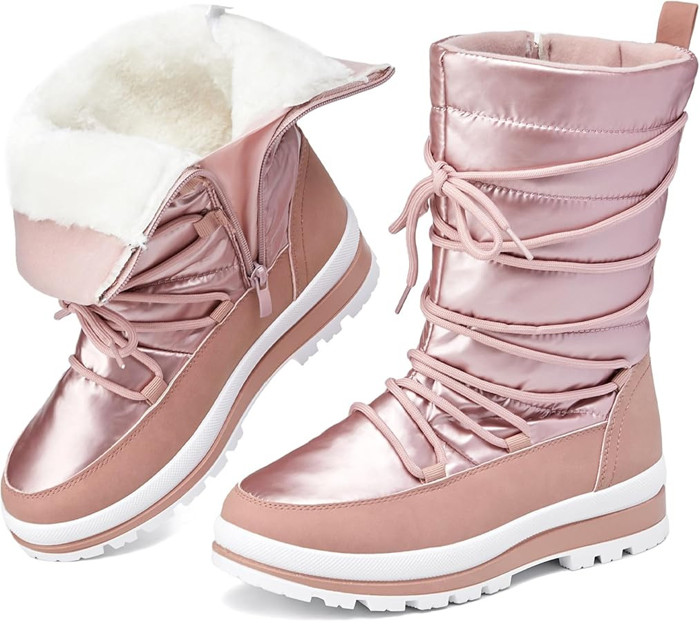 Snow Boots for Women Fur Winter Boots Waterproof Ski Boots Women's Mid Calf Boots Furry White Lac... | Amazon (US)