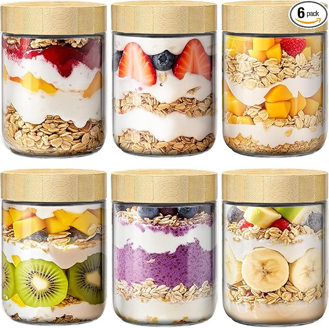 6 Pack 16oz Overnight Oats Containers with Bamboo Lids, Glass Jars with Airtight Lids for Meal Pr... | Amazon (US)