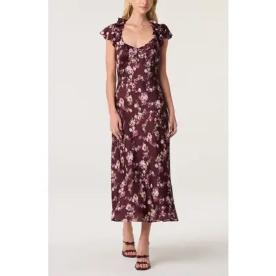ASTR the Label Nico Floral Ruffle Cap Sleeve Midi Dress in Burgundy Floral at Nordstrom, Size Small | Nordstrom