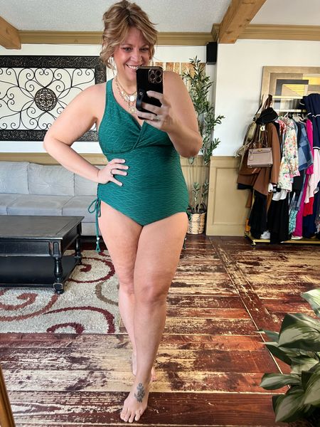 Plus size adjustable tie full coverage one piece swimsuit- size 14/16- I could have sized down to the 12. Use code Nicoles15 at checkout 

#LTKswim #LTKplussize #LTKover40