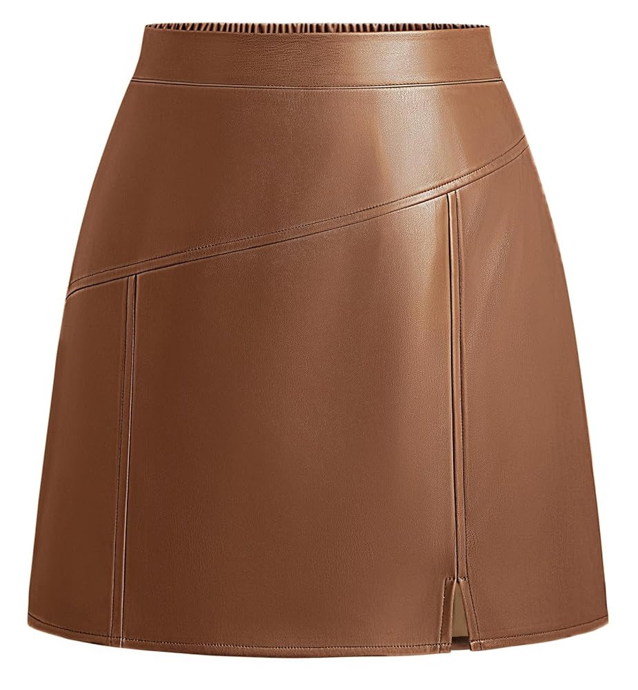 Kate Kasin Women Faux Leather Mini Skirt High Waisted A Line Short Skirt with Slit for Casual Wor... | Amazon (US)