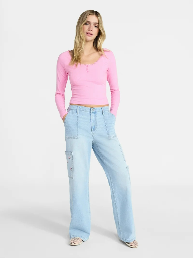 No Boundaries Long Sleeve Henley Top with Lace Trim, Women's XXS-XXL | Walmart (US)