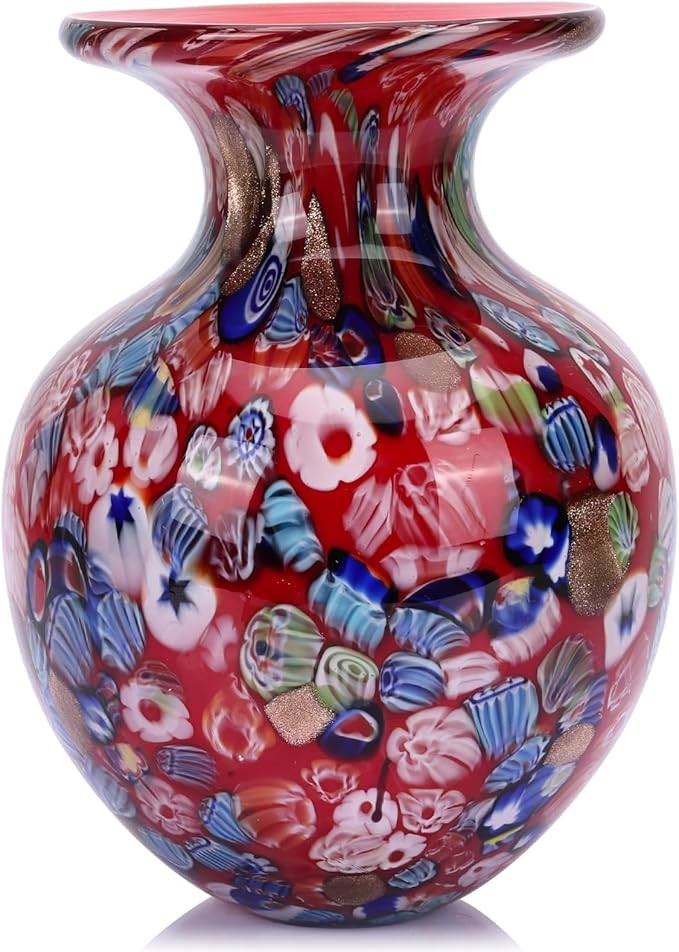 Round Red Glass Vase for Home Decor, Hand Blown Vase for Flowers, Boho Colored Art Glass Vases fo... | Amazon (US)