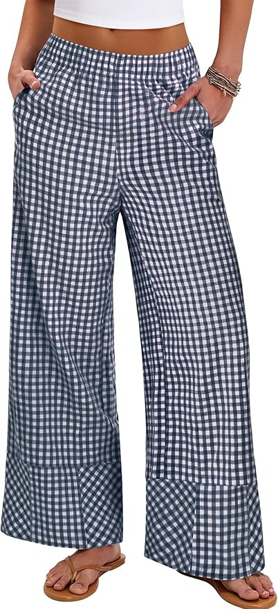 ANRABESS Womens Gingham Pants Checkered Plaid Striped Boxer Wide Leg Palazzo Pants Lounge PJ Bott... | Amazon (US)