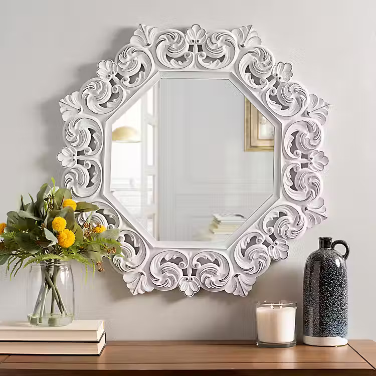 Distressed White Carved Bella Rose Fleur Mirror | Kirkland's Home