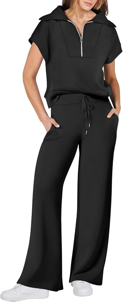 Caracilia Womens 2 Piece Outfits Sweatsuit Half Zip Lapel Collar Short Sleeve Sweatshirt Wide Leg... | Amazon (US)