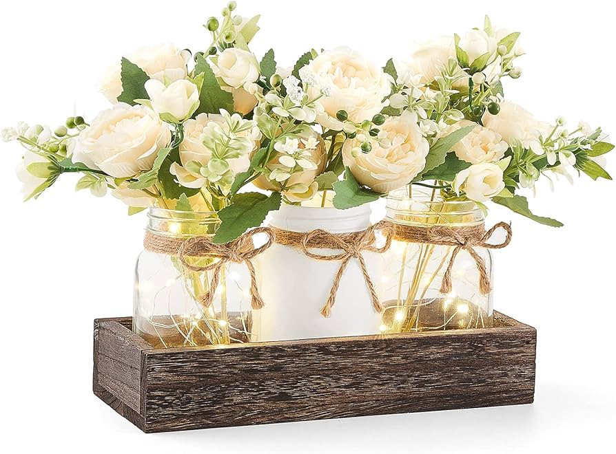 Mkono Mason Jar Lights Table Centerpiece for Farmhouse Coffee Table Wood Tray with 3 Jars Flowers... | Amazon (US)