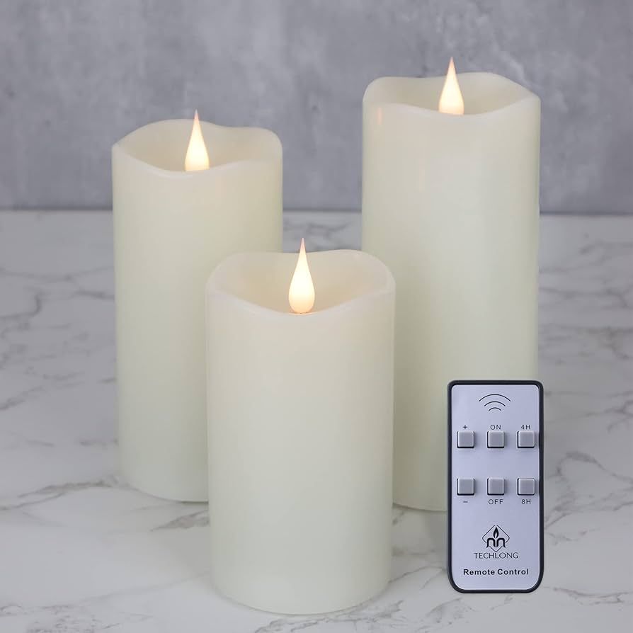 TECHLONG Flickering Flameless Candles with 3D Moving Flame Set of 3(H 5" 6" 7" x D 3"), Last 1000... | Amazon (US)