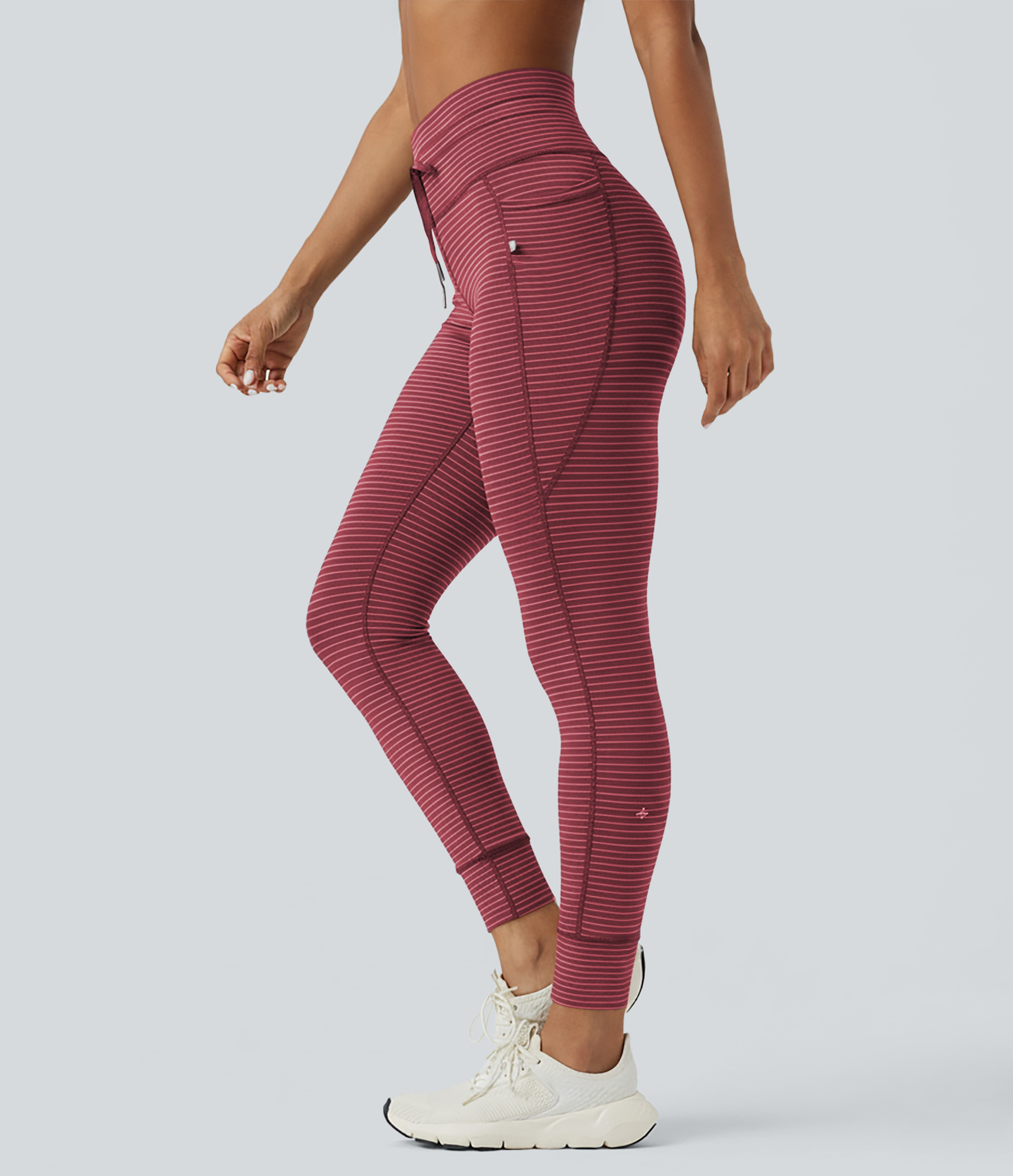 Halara High Waisted Drawstring Striped Yoga Leggings with Pockets - Crimson Rose - S(7/8) gym leggings leggings with pockets | HALARA