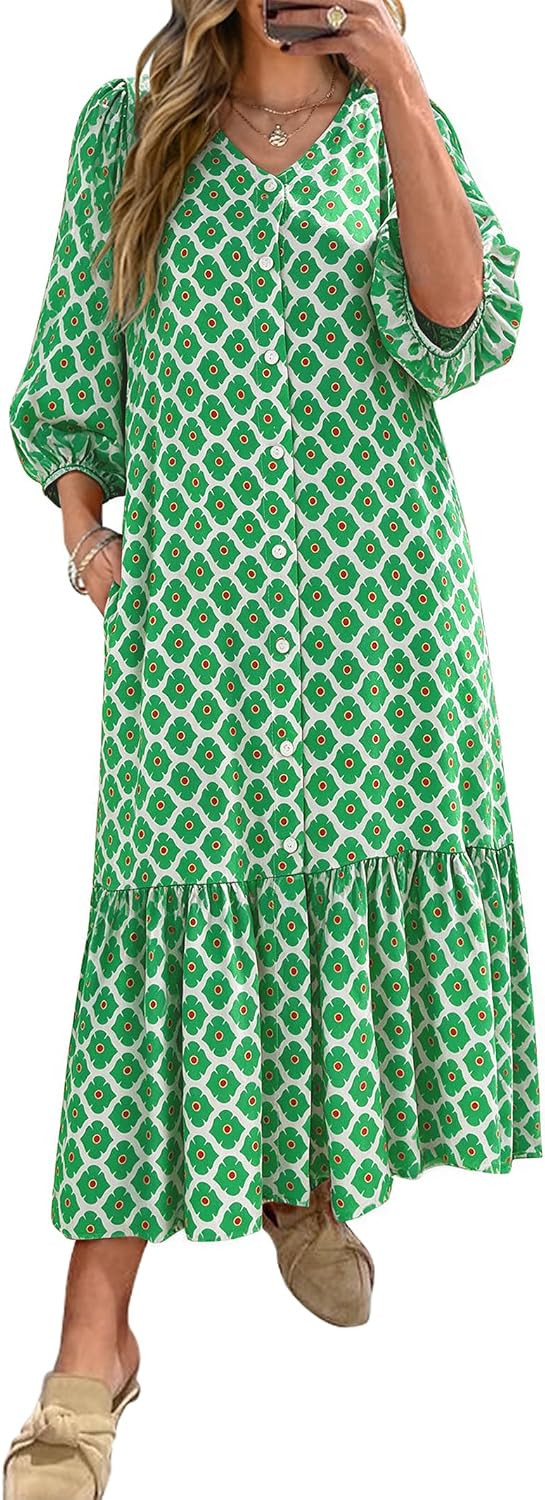 ANRABESS Womens Boho Floral 3/4 Puff Sleeve Fall Maxi Dress | Amazon (US)