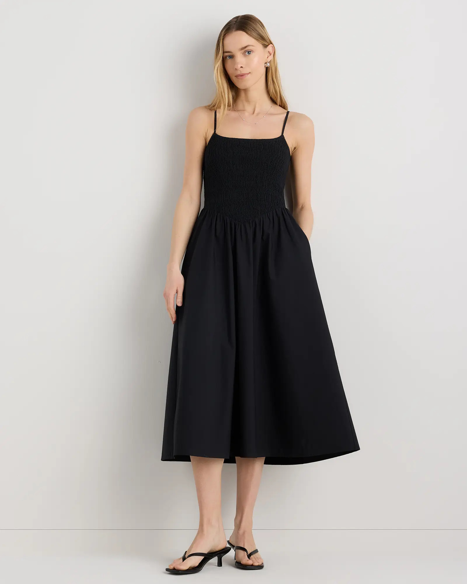 100% Organic Cotton Poplin Drop Waist Midi Dress in Black | Quince