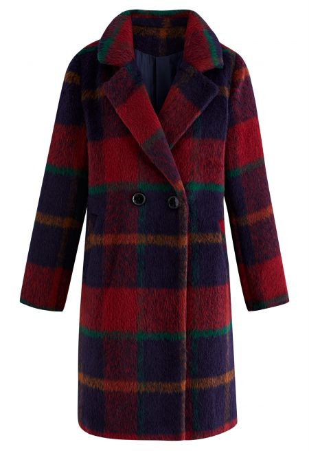 Festive Tartan Fuzzy Wool-Blend Blazer Coat, Winter Family Photo Coat, Christmas Day Coat | Chicwish