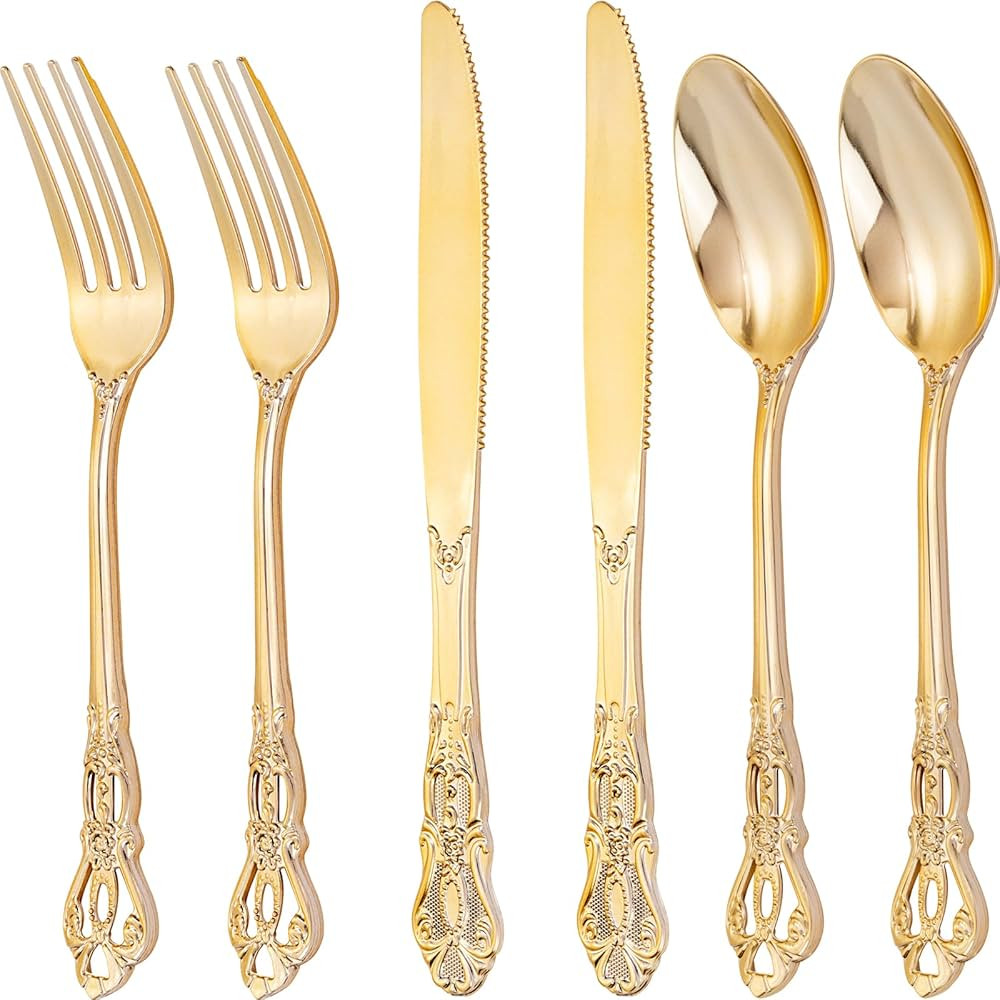 300Pieces Gold Plastic Silverware - Heavy Duty Gold Disposable Utensils - Vintage Plastic Cutlery... | Amazon (US)