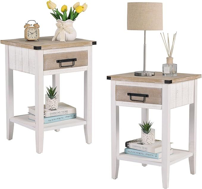 RUSTOWN Farmhouse Bedside Table Set of 2, Rustic Nightstand with Drawers and Open Shelf, Side Tab... | Amazon (US)