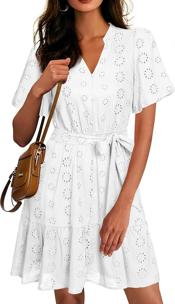 Simplee Womens 2026 Summer Mini Dress Eyelet V Neck Short Sleeve Hollow Out Belted Beach Vacation... | Amazon (US)
