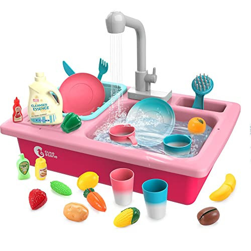 CUTE STONE Color Changing Play Kitchen Sink Toys, Children Electric Dishwasher Playing Toy with Running Water,Upgraded Real Faucet and Play Dishes,Pretend Role Play Toys for Kids Boys Girls | Amazon (US)