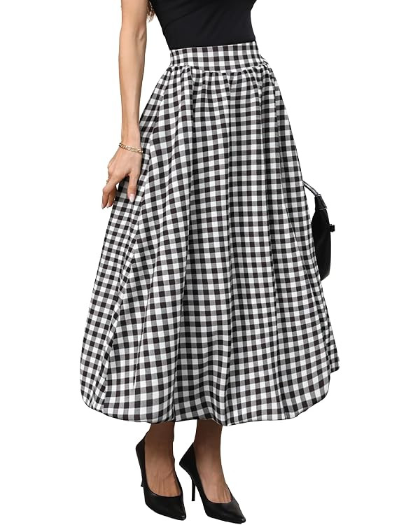 ELLEVEN Women's Bubble Maxi Skirt, Elastic Waist Puffy Hem A-Line Skirt with Pockets | Amazon (US)