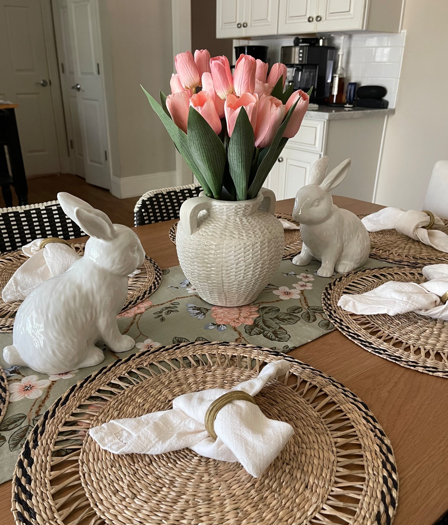 Easter tablescape, dining table, target style, spring tablescape, textured vase, ceramic bunny, Easter decor, dining room, table runner, spring style, faux flowers, table decor, napkin rings, chargers, 

#LTKSeasonal #LTKfoodie #LTKHome