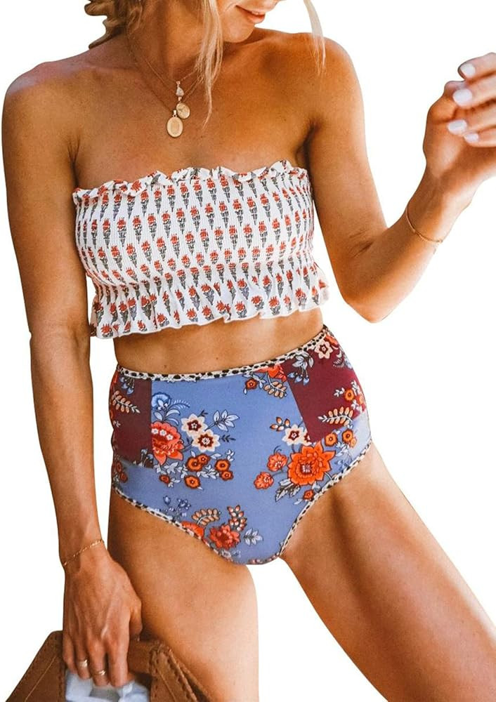 Dokotoo Women Cute High Waist Strapless Smocked Bikini Sets Swimsuit Bathing Suit | Amazon (US)
