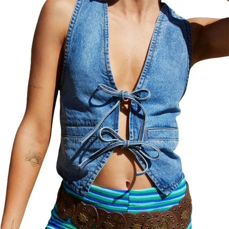 FEORJGP Women s Denim Tank Tops Fitted Deep V Neck Front Tie-Up Solid Color Sleeveless Vest for Summer(S M L XL) | Walmart (US)