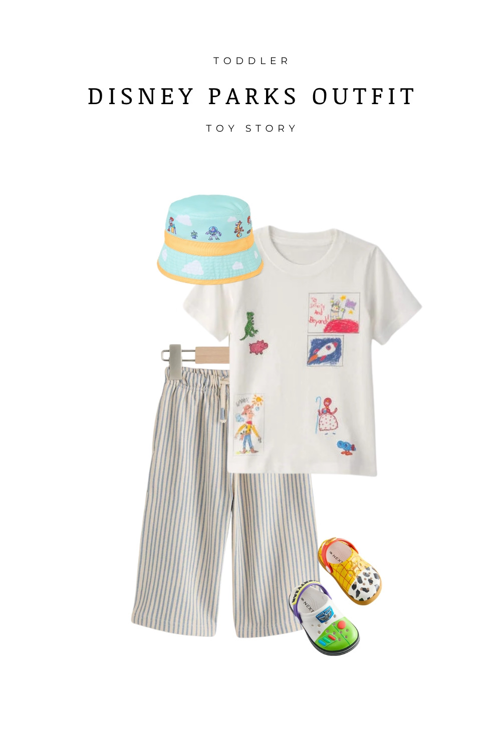 Adorable toddler Disney parks outfit inspired by Toy Story. This cute and comfy look features a graphic tee, striped shorts, character sandals, and a playful bucket hat—perfect for Disneyland or Walt Disney World. Great for summer park days, family vacations, and matching sibling outfits. Save this for Disney outfit inspiration for toddlers and kids.

#LTKKids #LTKTravel #LTKootd