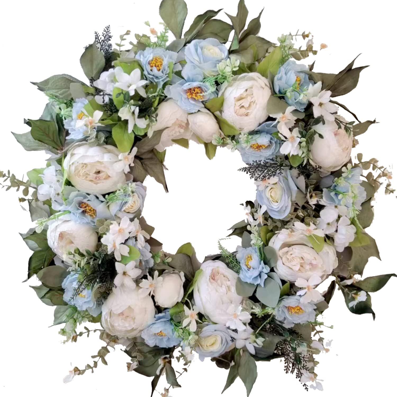 WANNA-CUL 24 Inch Spring White Peony Floral Wreath for Front Door with Baby Blue Rose Flower for ... | Amazon (US)