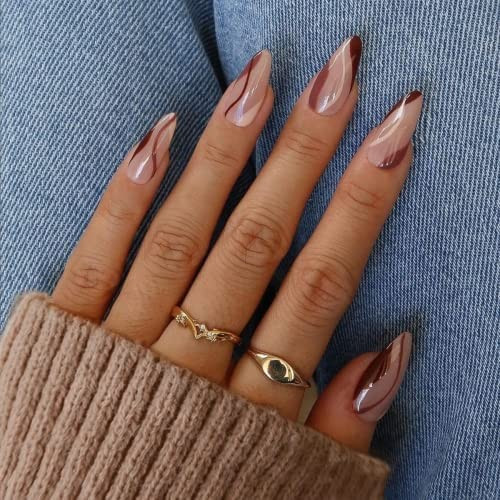Brown Swirls Autumn Press on Nails Almond,KXAMELIE Nude Fake Nails Medium Length Glue on Nails Al... | Amazon (US)
