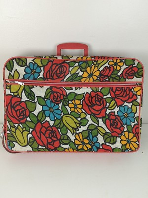 Vtg MCM Retro Flower Power Boho Hippie 20"x14"x4.5" Canvas Luggage Suitcase Red | eBay US