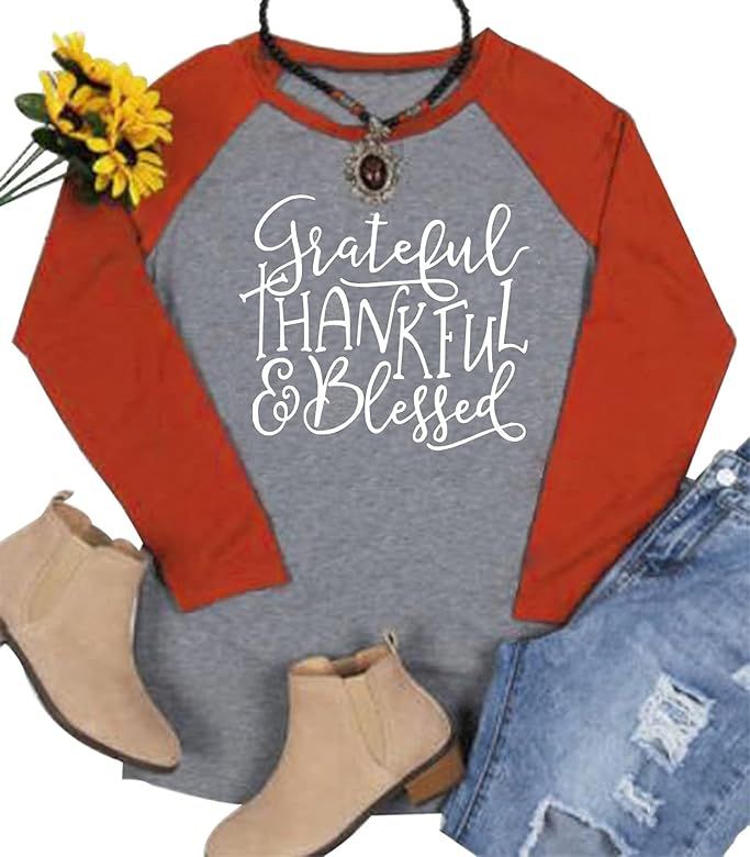 Thanksgiving Grateful Thankful Blessed Shirt Women 3/4 Sleeve Casual Splicing Baseball T-Shirts T... | Amazon (US)