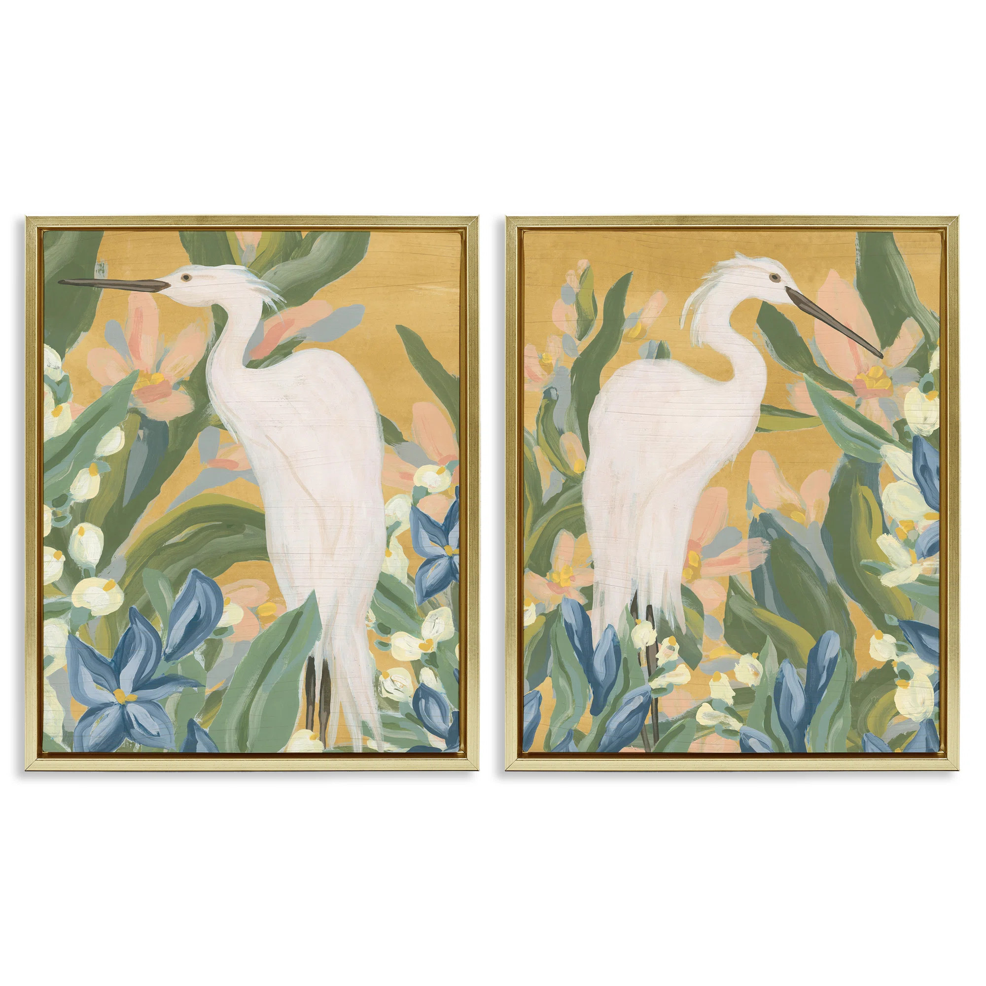Great Egret in Blooming Bushes 2 PC Framed Floater Canvas Set by June Erica Vess | Wayfair North America