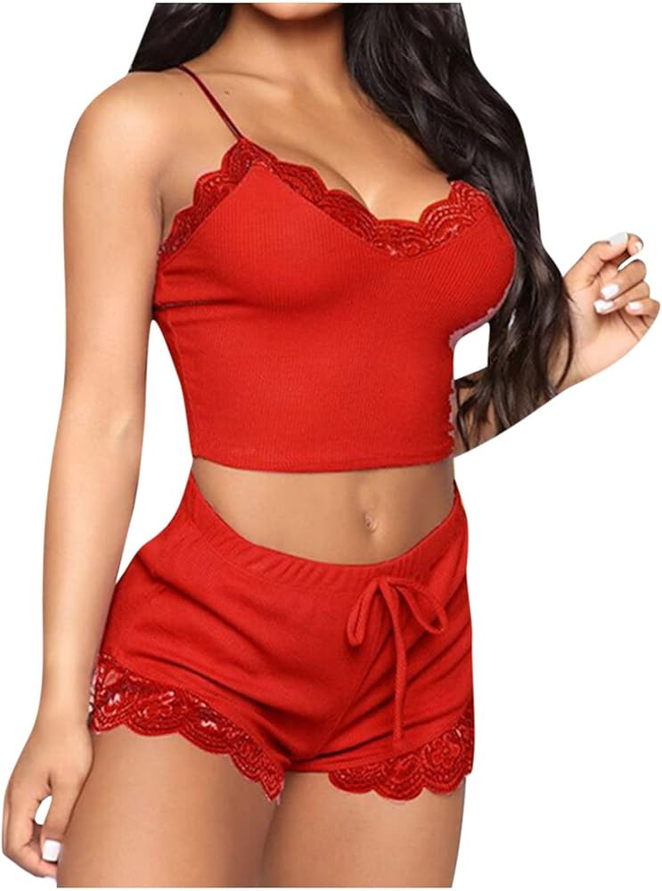 Women Ribbed Pajama Set Sexy Soft V Neck Lace Sleeveless Cami with Shorts Two Piece Lingerie Sets... | Amazon (US)