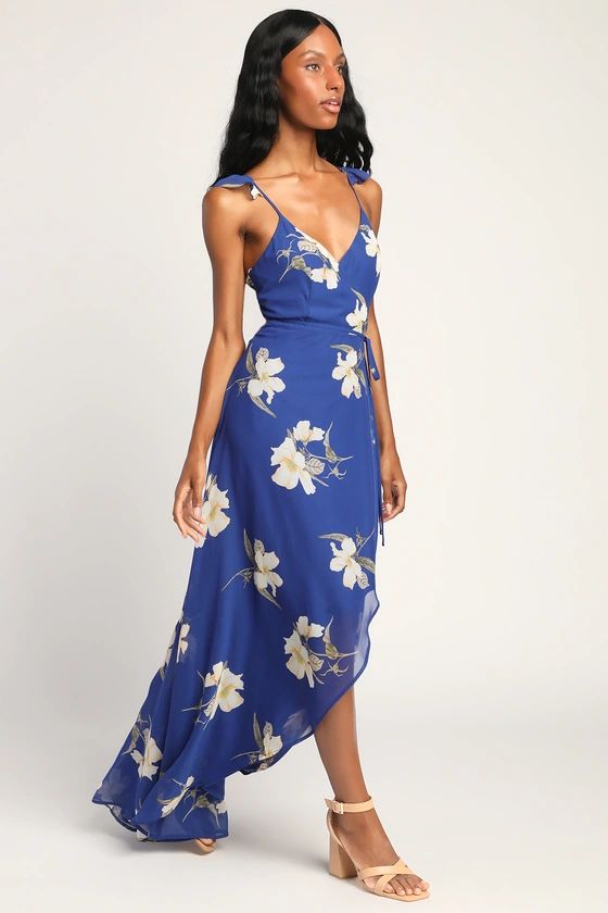 All Mine Cobalt Blue Floral Print High-Low Wrap Dress | Lulus (US)
