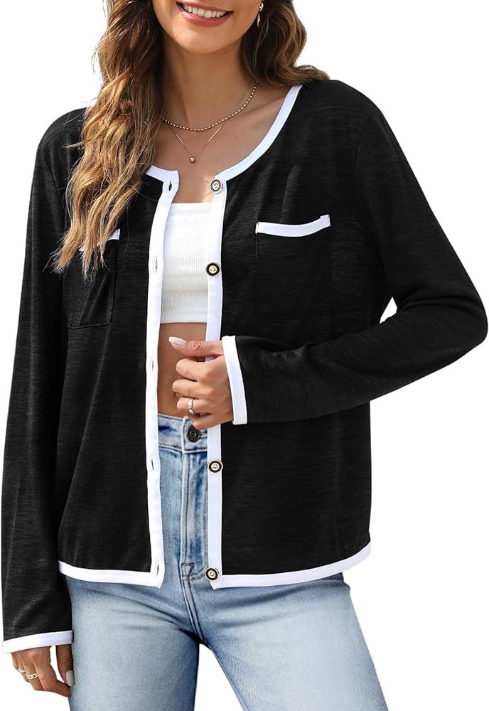 MEROKEETY Women's Long Sleeve Open Front Cardigan Button Down Lightweight Contrast Color Knit Top | Amazon (US)