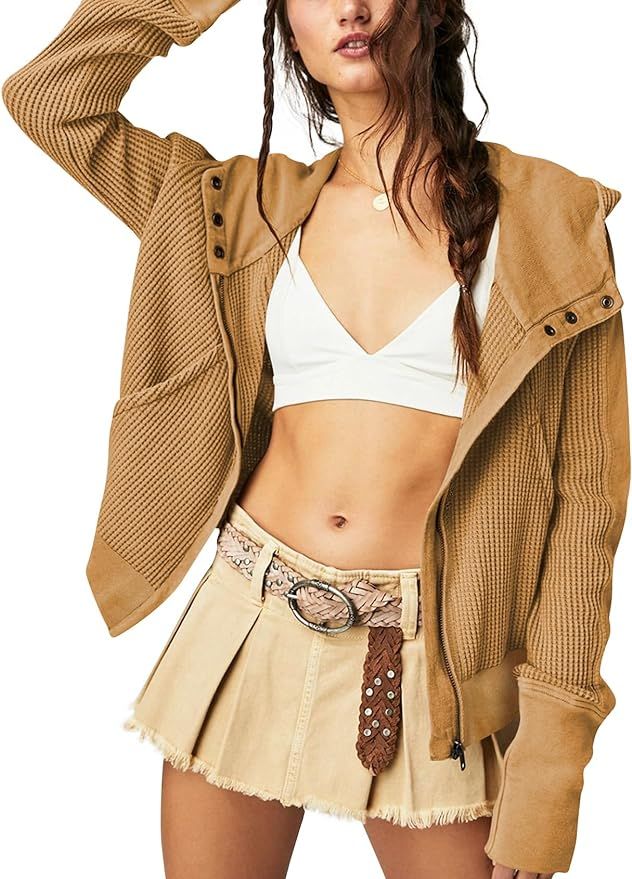 PEHMEA Women Waffle Knit Jacket Zip Up Button Fashion Tops Oversized Hoodie Shackets with Pockets | Amazon (US)