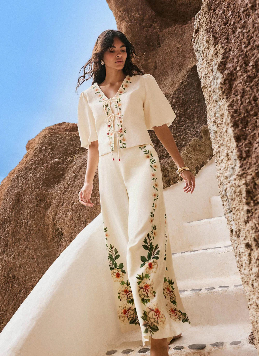 Cream Linen Blend Floral Print Wide Trousers | Mint Velvet