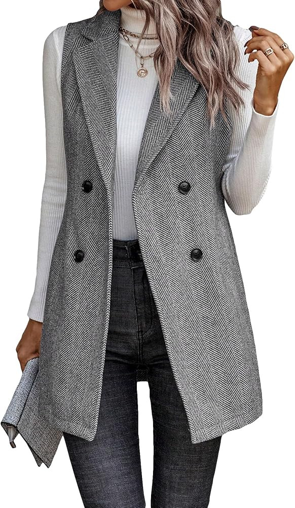 Floerns Women's Lapel Neck Sleeveless Double Breasted Office Vest Blazer | Amazon (US)