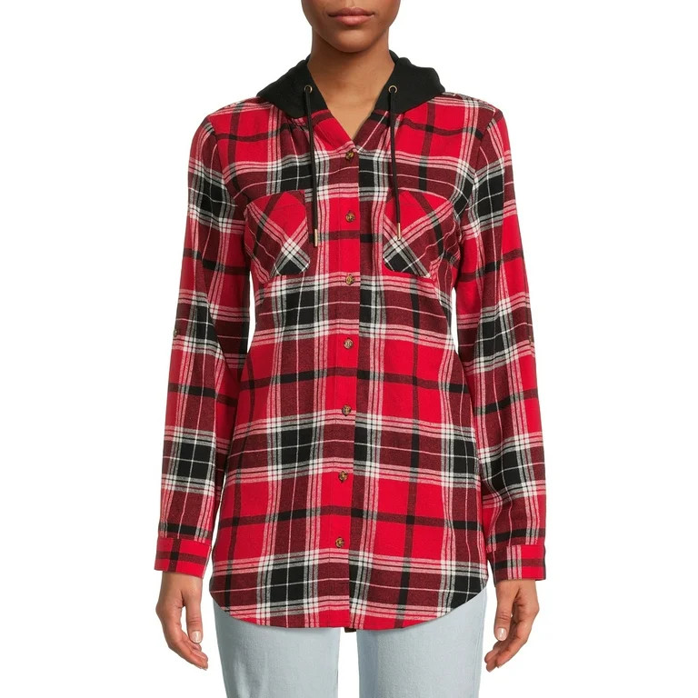No Boundaries Junior's Plaid Button-Down Hoodie Shirt - Walmart.com | Walmart (US)