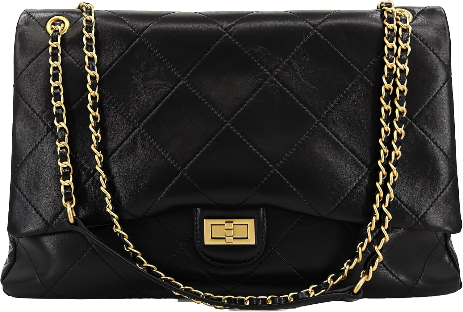 Large Vintage Oiled Leather Quilted Flap Shoulder Bag with Chain | Amazon (US)