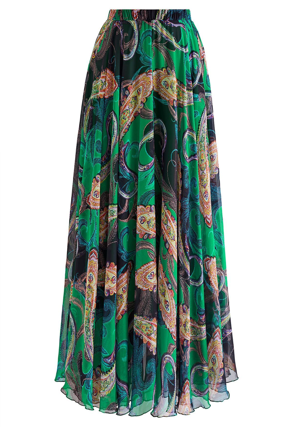 Exotic Paisley Chiffon Maxi Skirt in Green | Chicwish