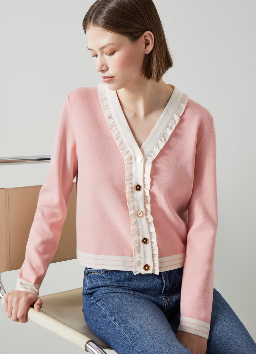 Ernst Pink Knit Silk Ruffle Trim Cardigan | L.K. Bennett (UK)