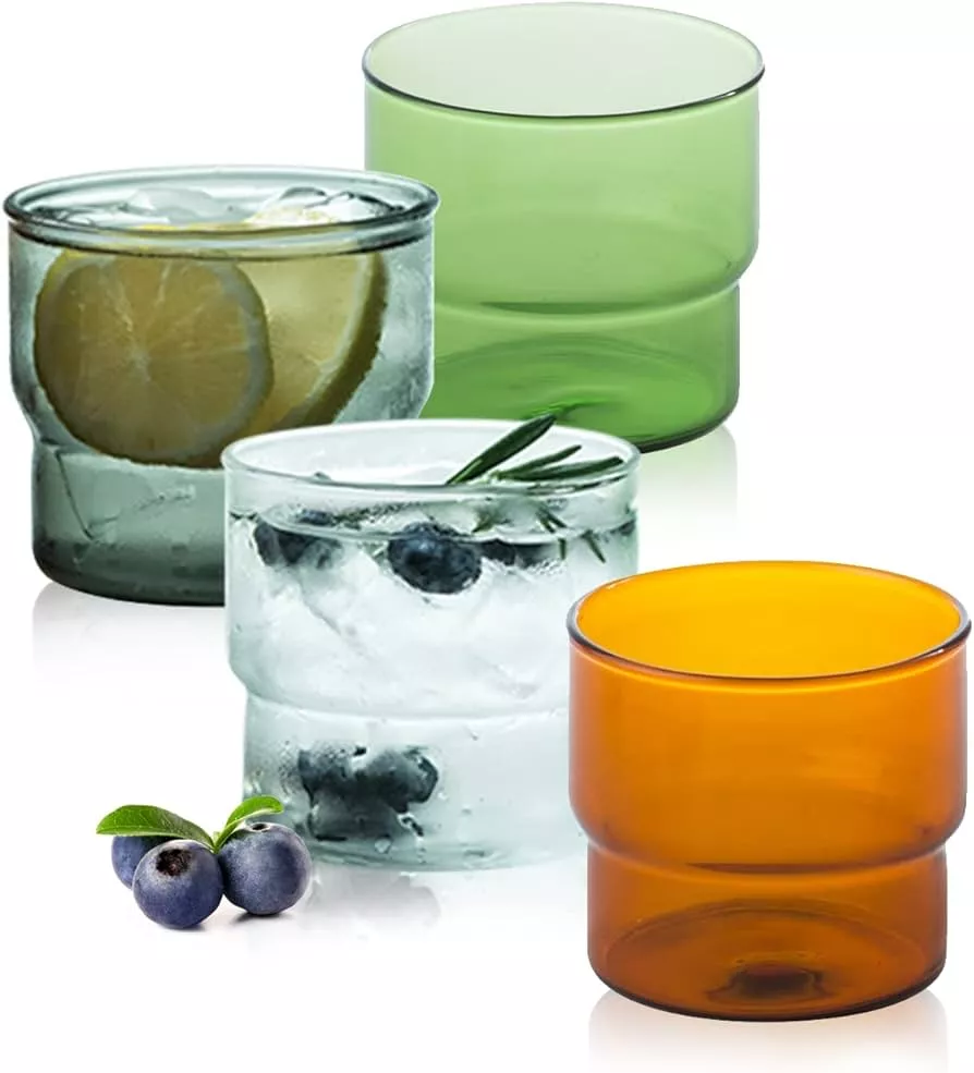 Insetlan insetlan vintage drinking glasses set of 4 large, embossed pattern  water glassware, vintage glassware glass cups set, ripple