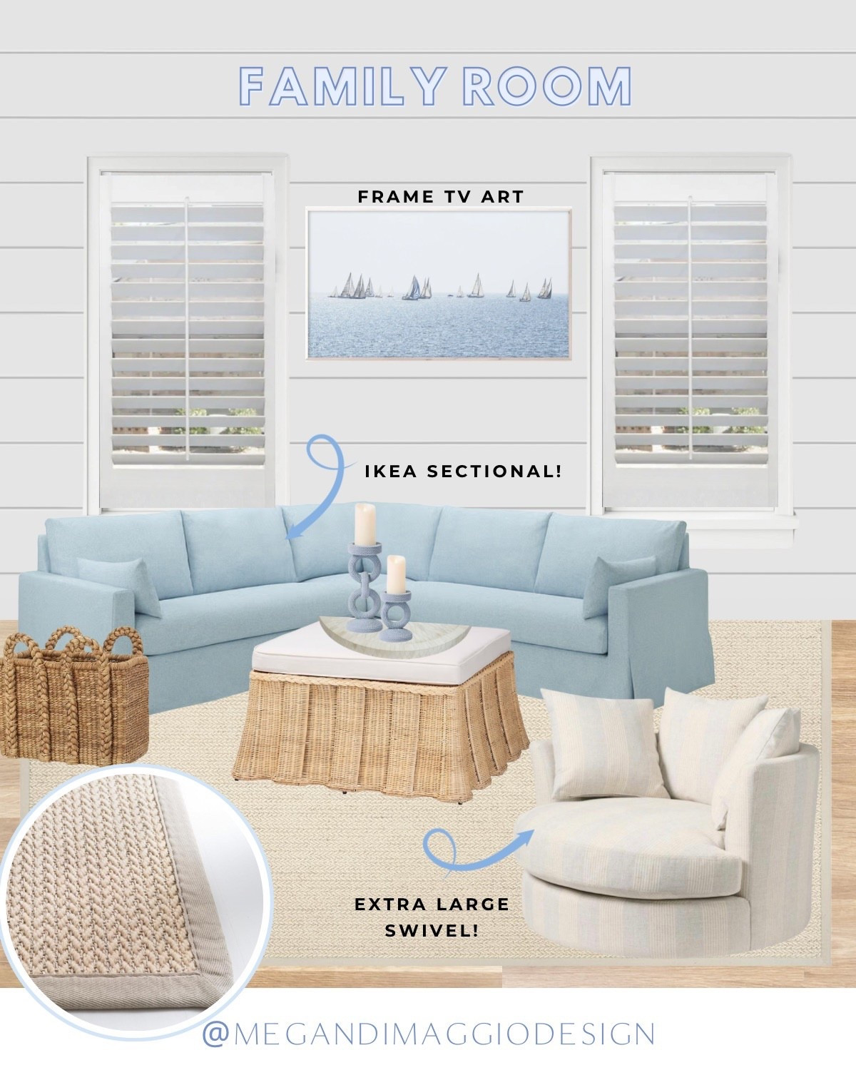 Beach house family room mockup!! Sectional is IKEA HYLTARP with a blue slipcover 🙌🏻 and I’m so excited about this new blue striped XL swivel chair!! Highly rated and on sale still!! Plus this wicker ottoman is huge and gorgeous in person!! Paired with a smart tv I’m downloading this art from Etsy! And using the beaded pillar candle holders I snagged from Kirklands last year!

#LTKSaleAlert #LTKHome