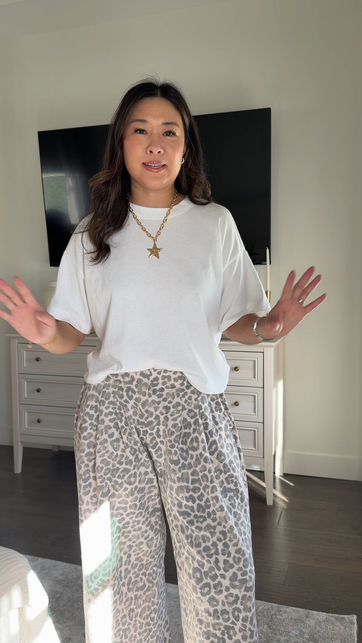 Fave Tee: Medium
Aerie Leopard Trousers: Small Short