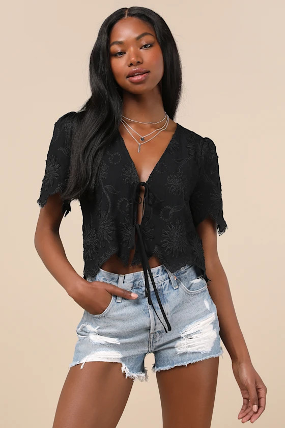 Vintage Aesthetic Black Embroidered Tie-Front Fringe Hem Top | Lulus